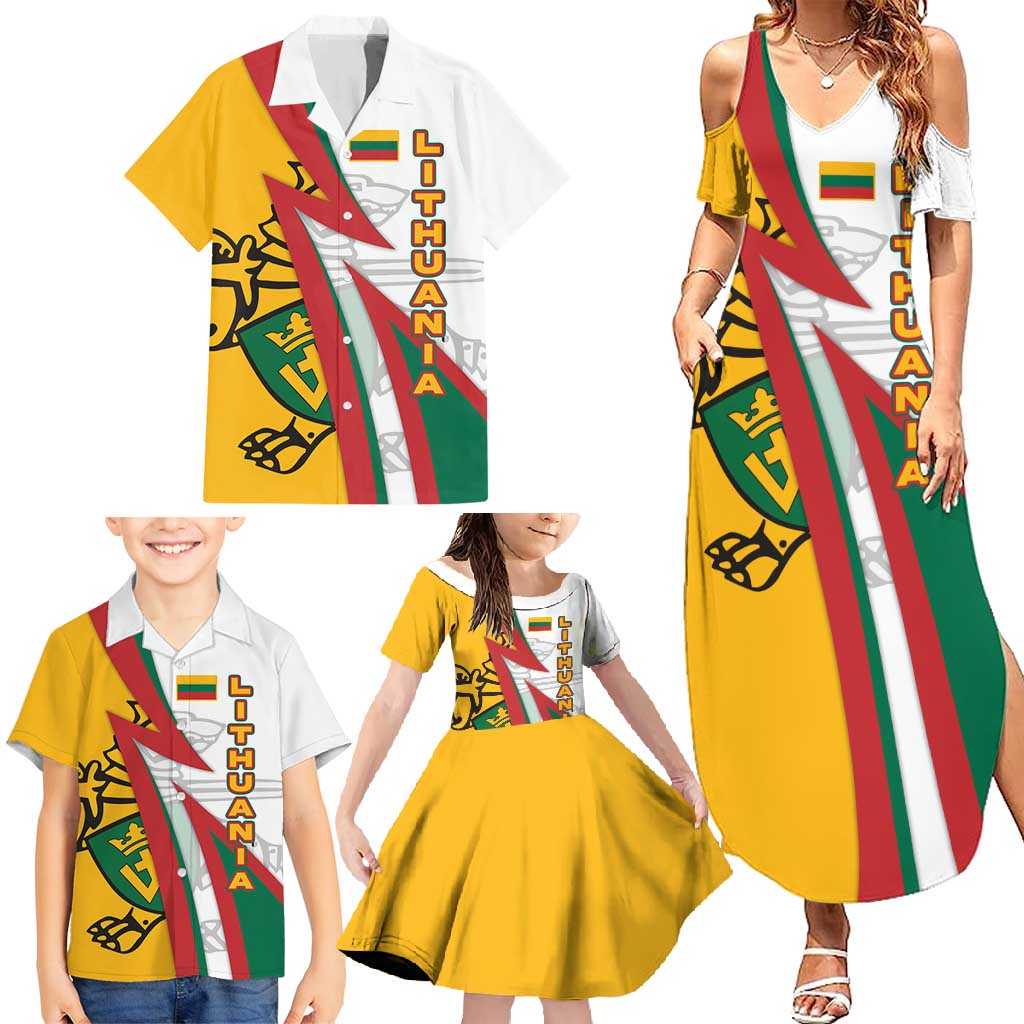 Lithuania Flag Colors Family Matching Summer Maxi Dress and Hawaiian Shirt with Vytis Knight Design and Bold Lightning Motif - Wonder Print Shop