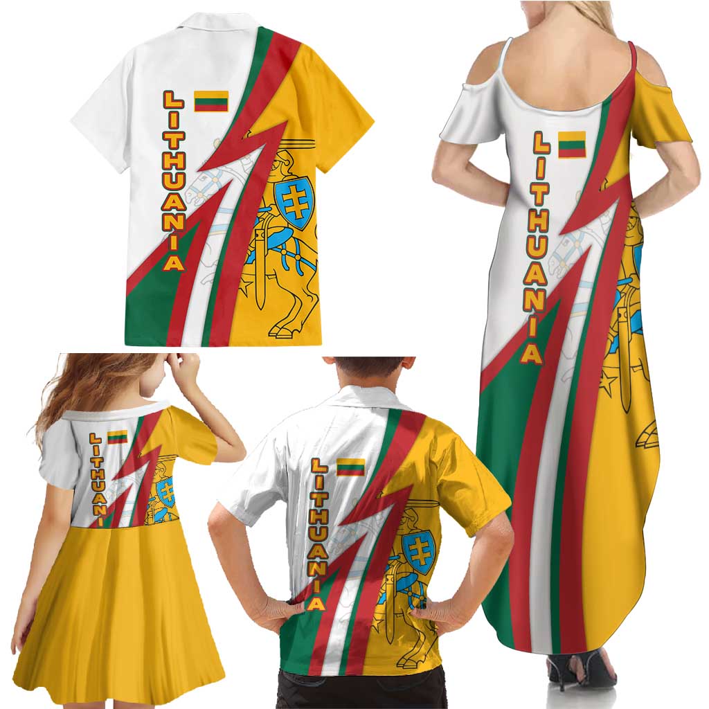 Lithuania Flag Colors Family Matching Summer Maxi Dress and Hawaiian Shirt with Vytis Knight Design and Bold Lightning Motif - Wonder Print Shop