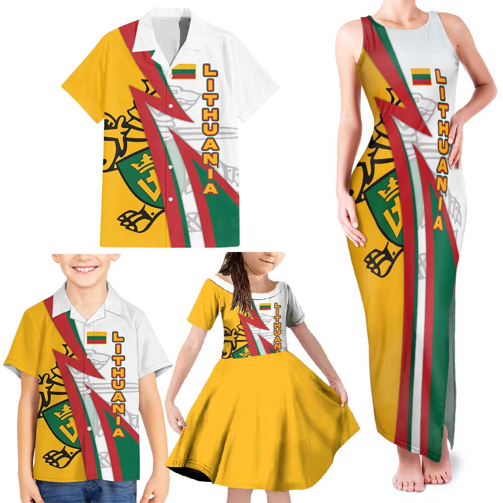 Lithuania Flag Colors Family Matching Tank Maxi Dress and Hawaiian Shirt with Vytis Knight Design and Bold Lightning Motif - Wonder Print Shop