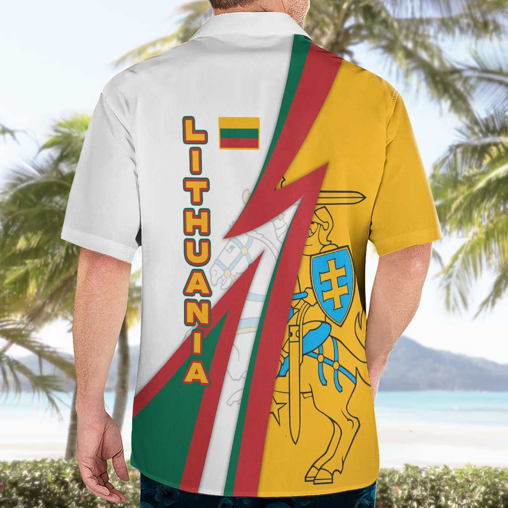 Lithuania Flag Colors Hawaiian Shirt with Vytis Knight Design and Bold Lightning Motif - Wonder Print Shop