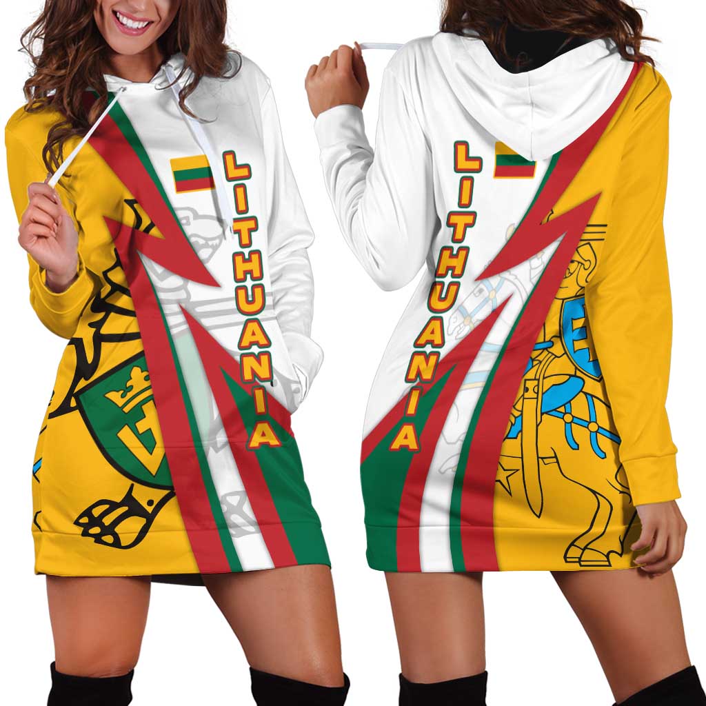 Lithuania Flag Colors Hoodie Dress with Vytis Knight Design and Bold Lightning Motif - Wonder Print Shop