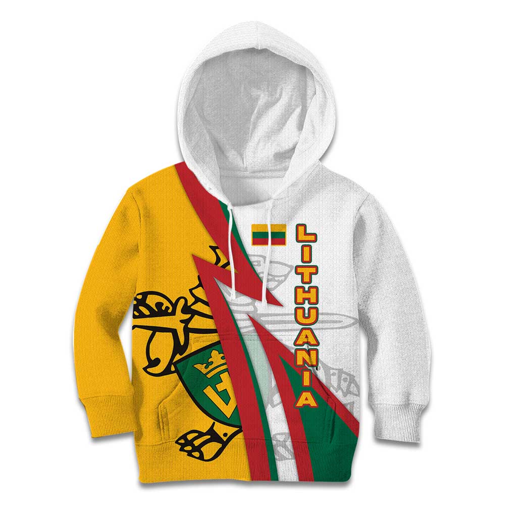 Lithuania Flag Colors Kid Hoodie with Vytis Knight Design and Bold Lightning Motif - Wonder Print Shop