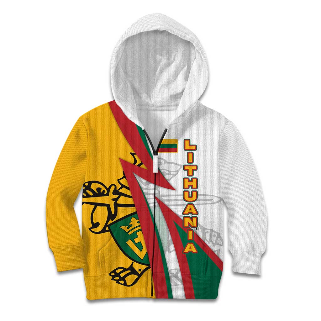 Lithuania Flag Colors Kid Hoodie with Vytis Knight Design and Bold Lightning Motif - Wonder Print Shop