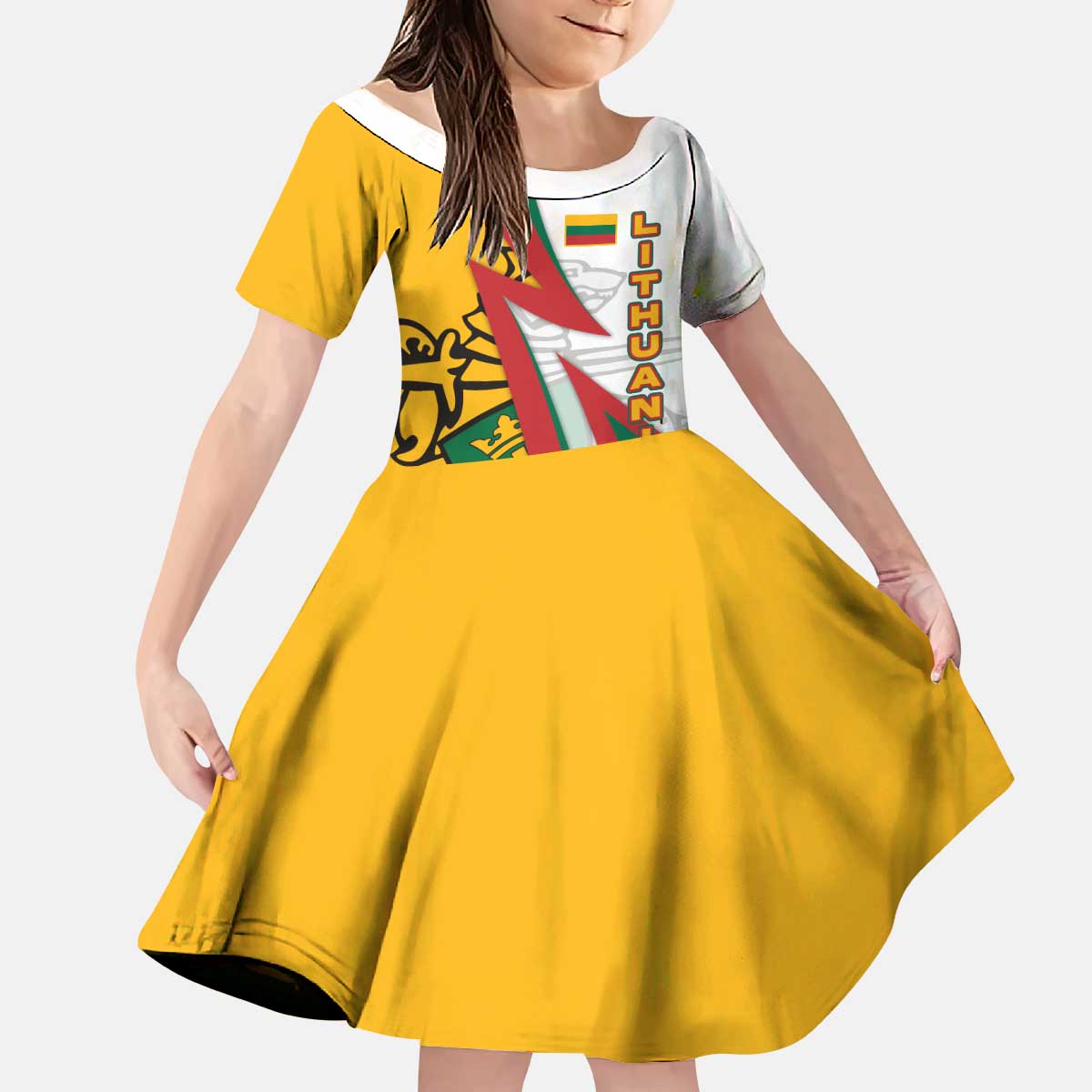 Lithuania Flag Colors Kid Short Sleeve Dress with Vytis Knight Design and Bold Lightning Motif - Wonder Print Shop