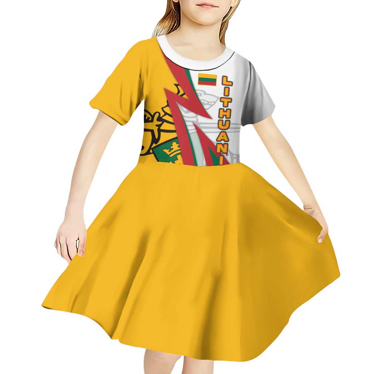 Lithuania Flag Colors Kid Short Sleeve Dress with Vytis Knight Design and Bold Lightning Motif - Wonder Print Shop