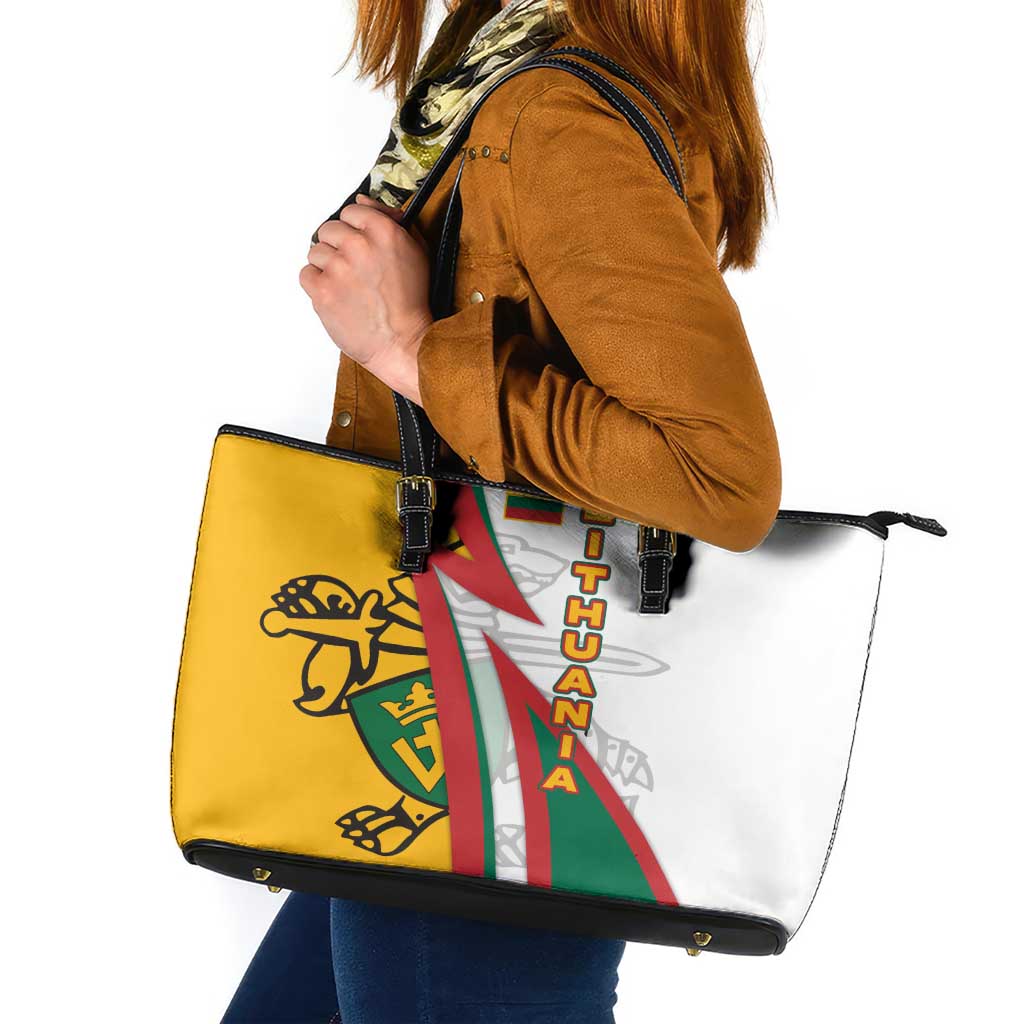 Lithuania Flag Colors Leather Tote Bag with Vytis Knight Design and Bold Lightning Motif - Wonder Print Shop