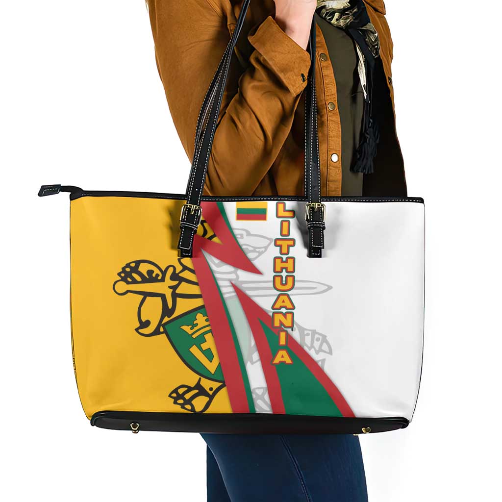 Lithuania Flag Colors Leather Tote Bag with Vytis Knight Design and Bold Lightning Motif - Wonder Print Shop