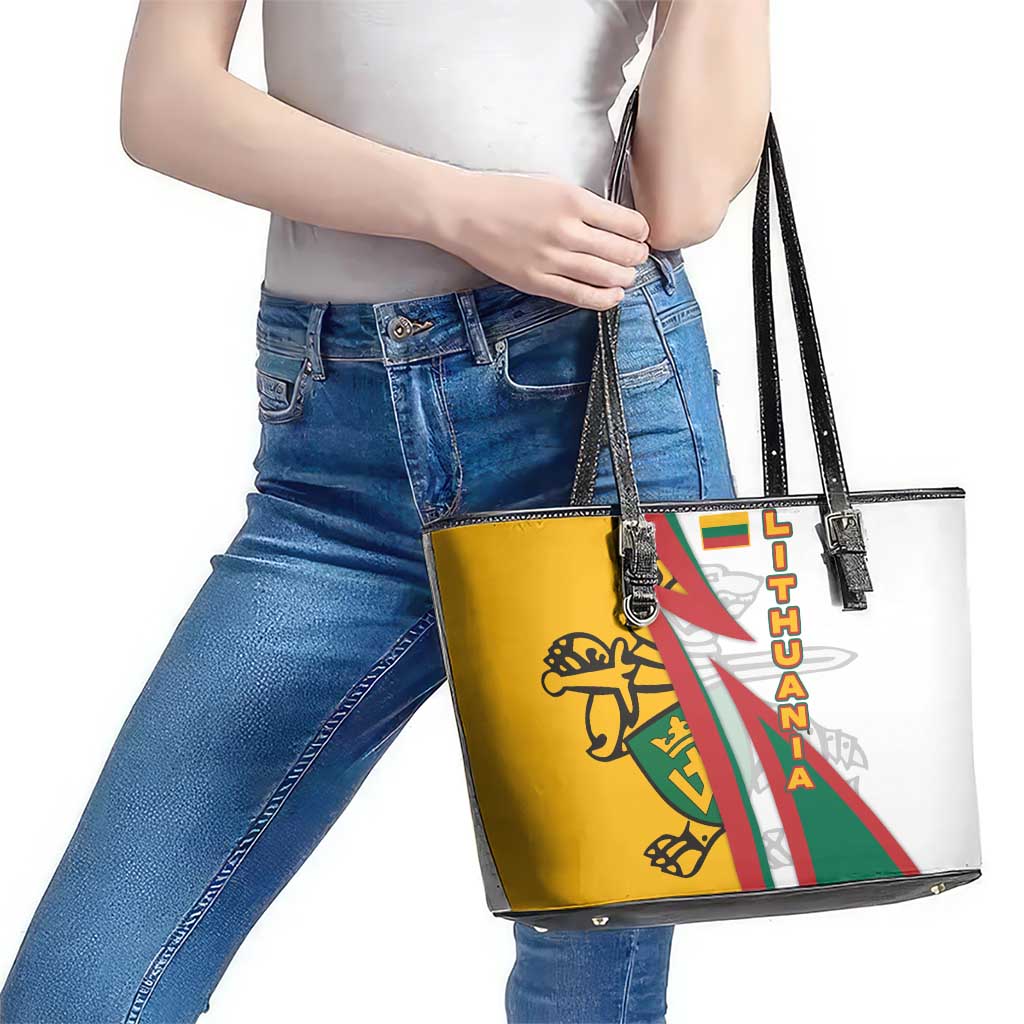 Lithuania Flag Colors Leather Tote Bag with Vytis Knight Design and Bold Lightning Motif - Wonder Print Shop