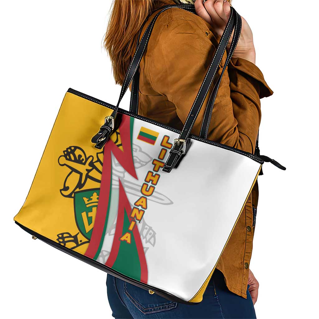 Lithuania Flag Colors Leather Tote Bag with Vytis Knight Design and Bold Lightning Motif - Wonder Print Shop