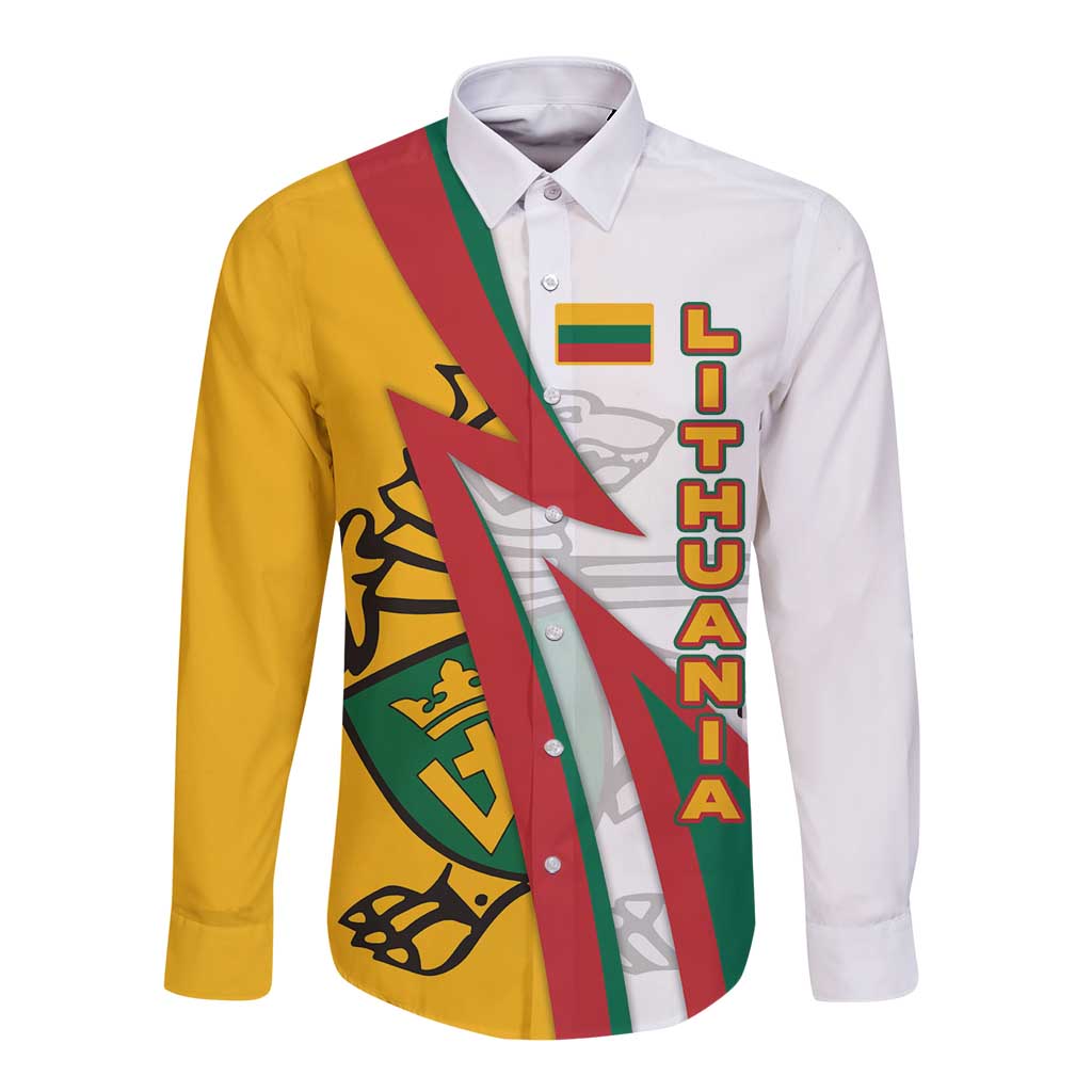 Lithuania Flag Colors Long Sleeve Button Shirt with Vytis Knight Design and Bold Lightning Motif - Wonder Print Shop