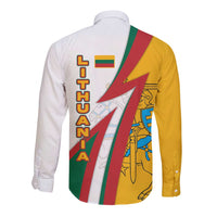 Lithuania Flag Colors Long Sleeve Button Shirt with Vytis Knight Design and Bold Lightning Motif - Wonder Print Shop