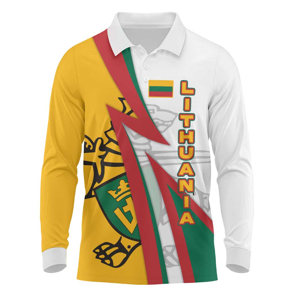 Lithuania Flag Colors Long Sleeve Polo Shirt with Vytis Knight Design and Bold Lightning Motif - Wonder Print Shop