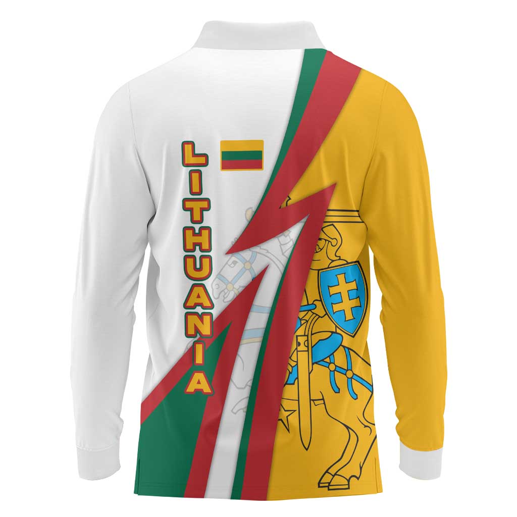 Lithuania Flag Colors Long Sleeve Polo Shirt with Vytis Knight Design and Bold Lightning Motif - Wonder Print Shop