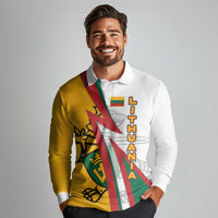 Lithuania Flag Colors Long Sleeve Polo Shirt with Vytis Knight Design and Bold Lightning Motif - Wonder Print Shop