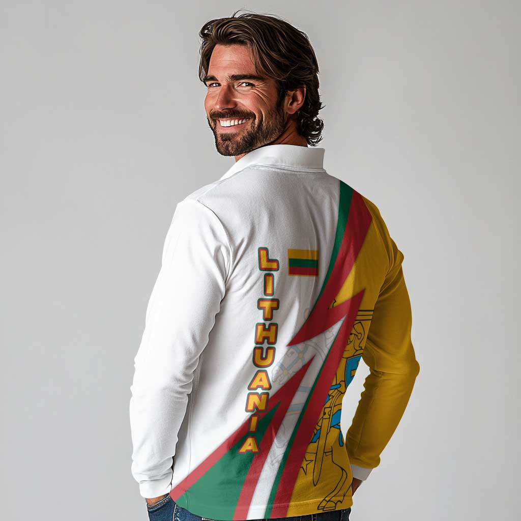 Lithuania Flag Colors Long Sleeve Polo Shirt with Vytis Knight Design and Bold Lightning Motif - Wonder Print Shop