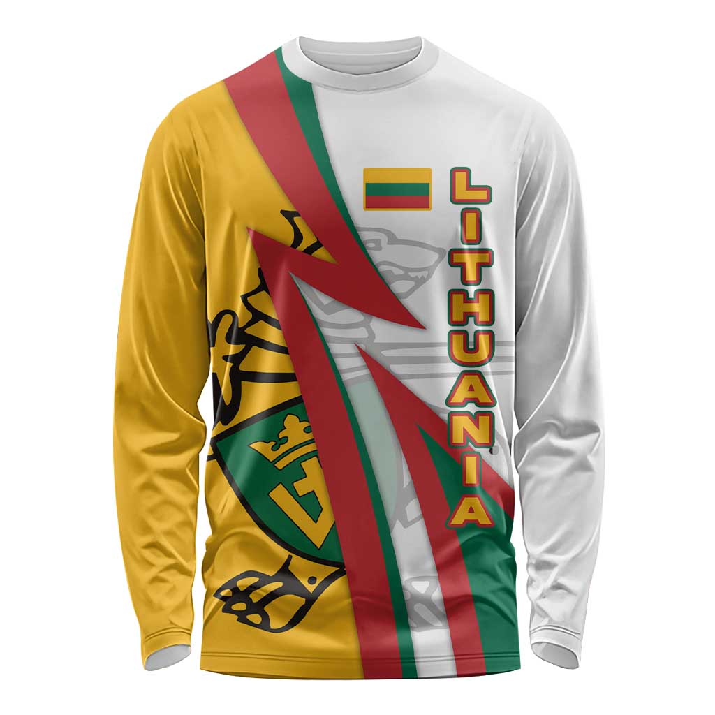 Lithuania Flag Colors Long Sleeve Shirt with Vytis Knight Design and Bold Lightning Motif - Wonder Print Shop