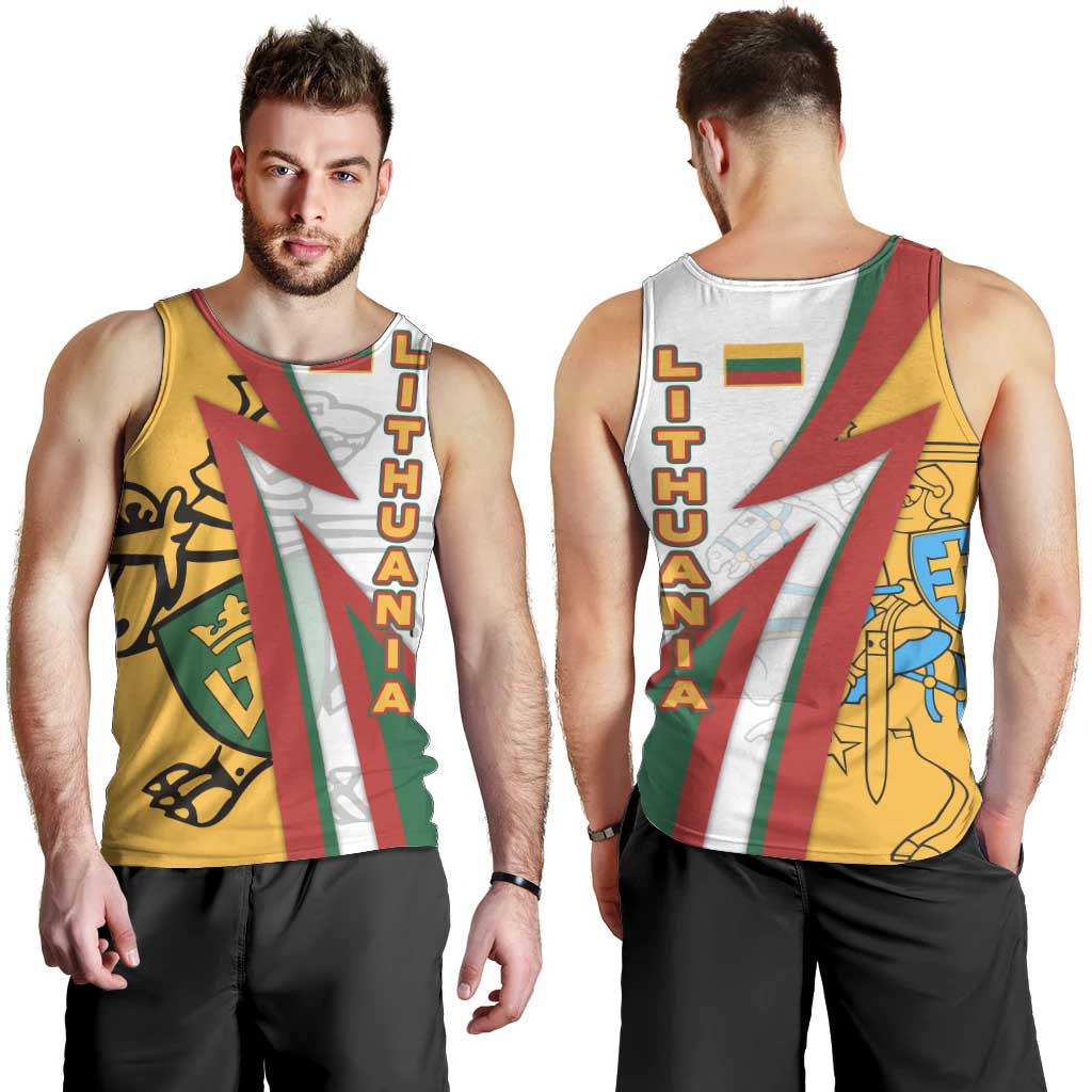 Lithuania Flag Colors Men Tank Top with Vytis Knight Design and Bold Lightning Motif - Wonder Print Shop