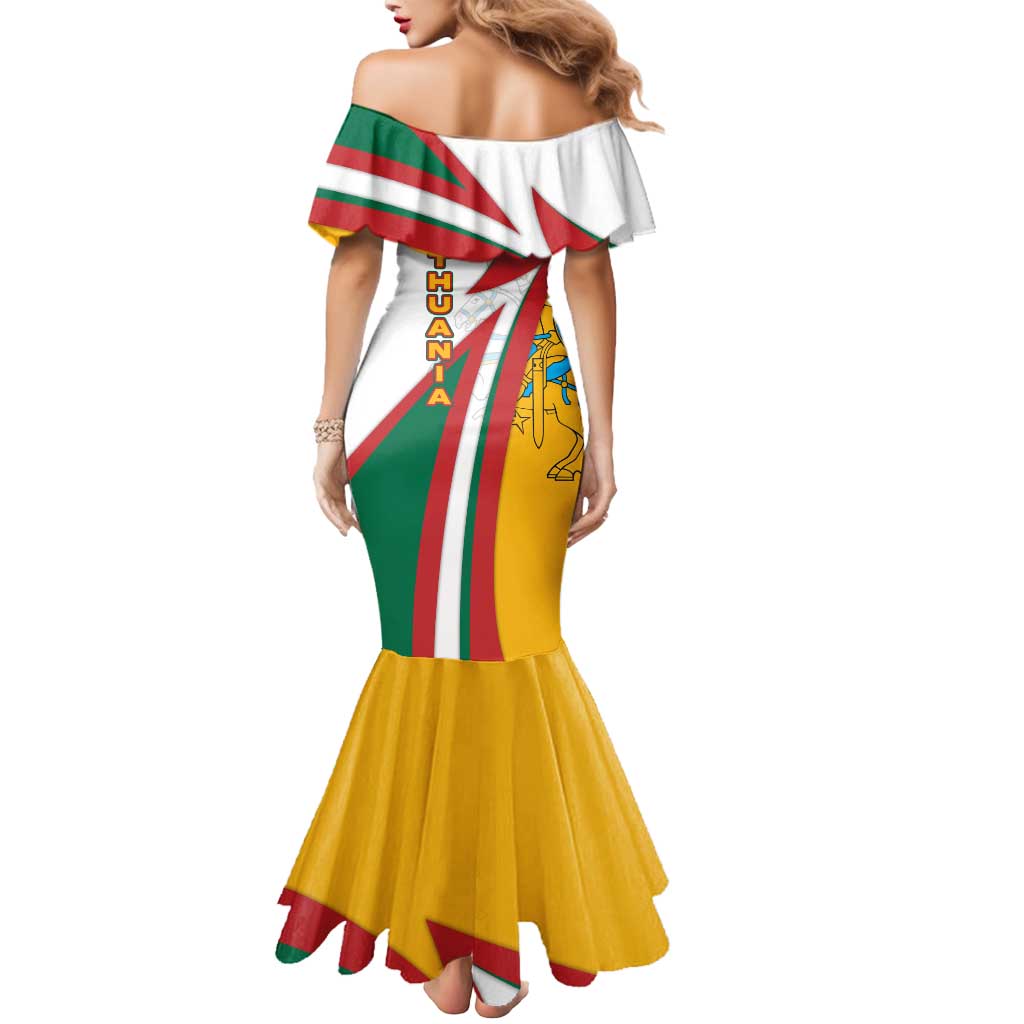 Lithuania Flag Colors Mermaid Dress with Vytis Knight Design and Bold Lightning Motif - Wonder Print Shop