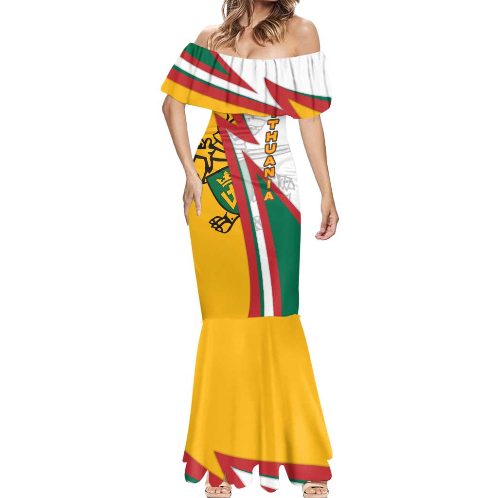 Lithuania Flag Colors Mermaid Dress with Vytis Knight Design and Bold Lightning Motif - Wonder Print Shop