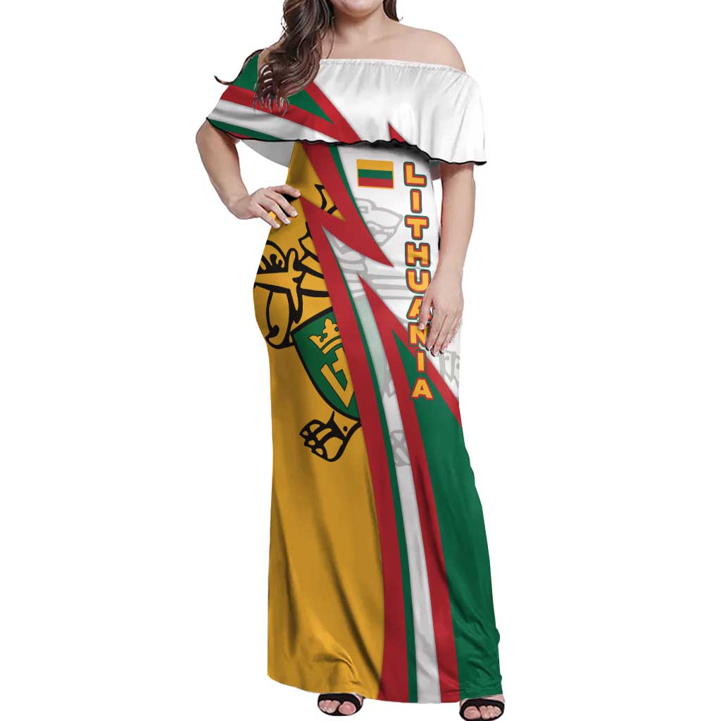 Lithuania Flag Colors Off Shoulder Maxi Dress with Vytis Knight Design and Bold Lightning Motif - Wonder Print Shop