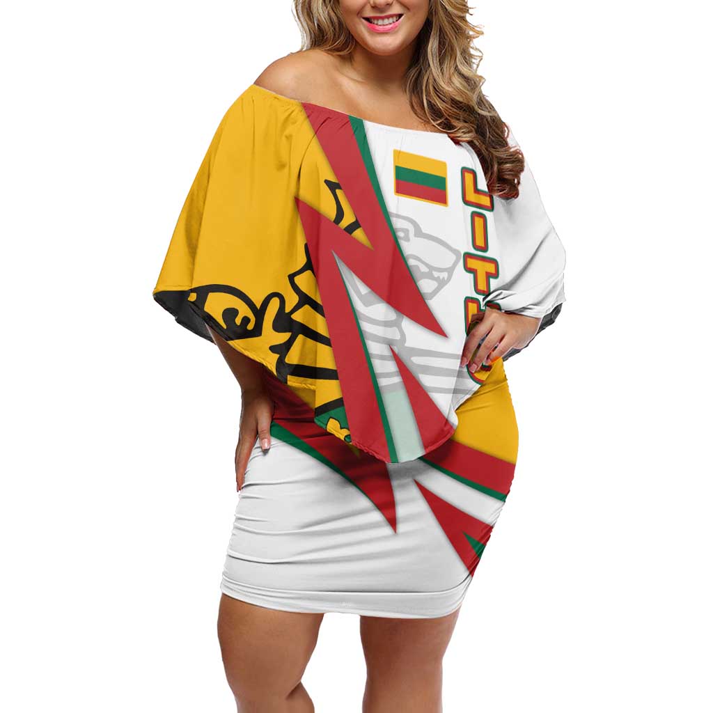 Lithuania Flag Colors Off Shoulder Short Dress with Vytis Knight Design and Bold Lightning Motif - Wonder Print Shop