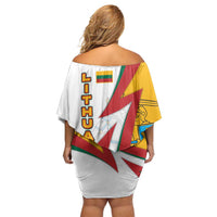 Lithuania Flag Colors Off Shoulder Short Dress with Vytis Knight Design and Bold Lightning Motif - Wonder Print Shop
