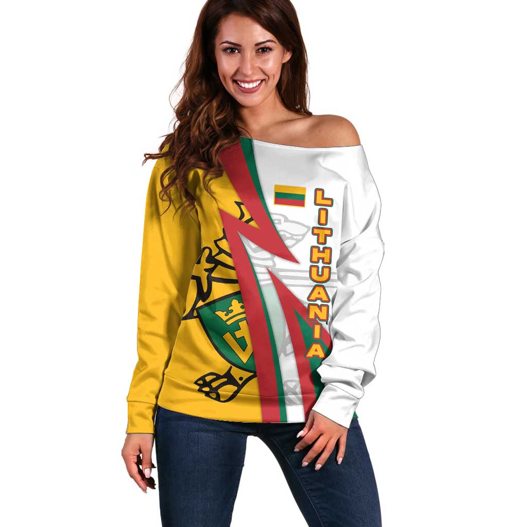 Lithuania Flag Colors Off Shoulder Sweater with Vytis Knight Design and Bold Lightning Motif - Wonder Print Shop