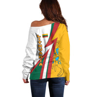 Lithuania Flag Colors Off Shoulder Sweater with Vytis Knight Design and Bold Lightning Motif - Wonder Print Shop