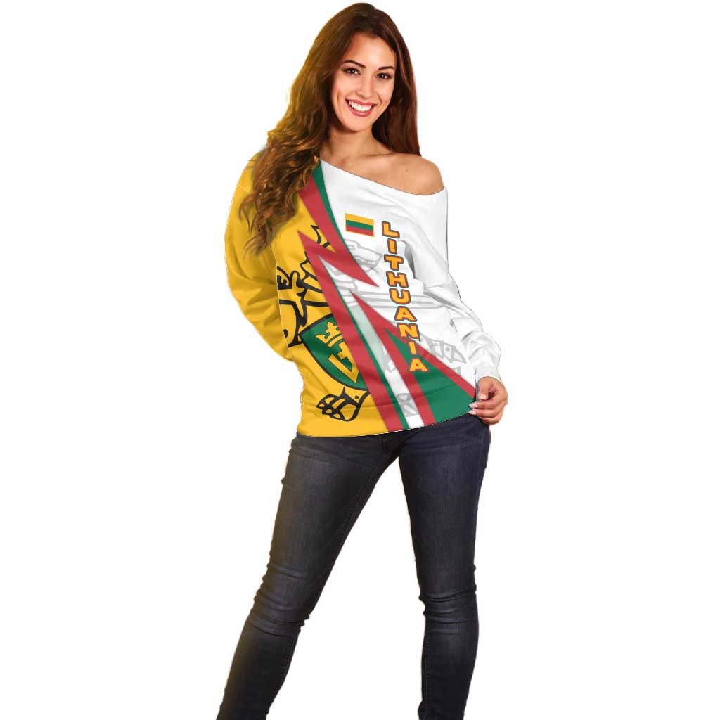 Lithuania Flag Colors Off Shoulder Sweater with Vytis Knight Design and Bold Lightning Motif - Wonder Print Shop