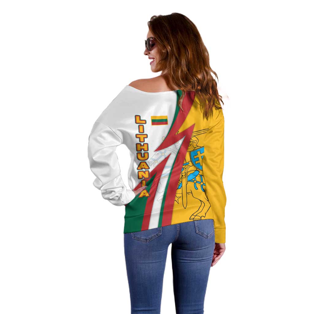 Lithuania Flag Colors Off Shoulder Sweater with Vytis Knight Design and Bold Lightning Motif - Wonder Print Shop