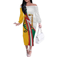 Lithuania Flag Colors Off The Shoulder Long Sleeve Dress with Vytis Knight Design and Bold Lightning Motif - Wonder Print Shop