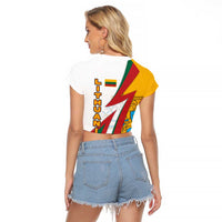 Lithuania Flag Colors Raglan Cropped T Shirt with Vytis Knight Design and Bold Lightning Motif - Wonder Print Shop