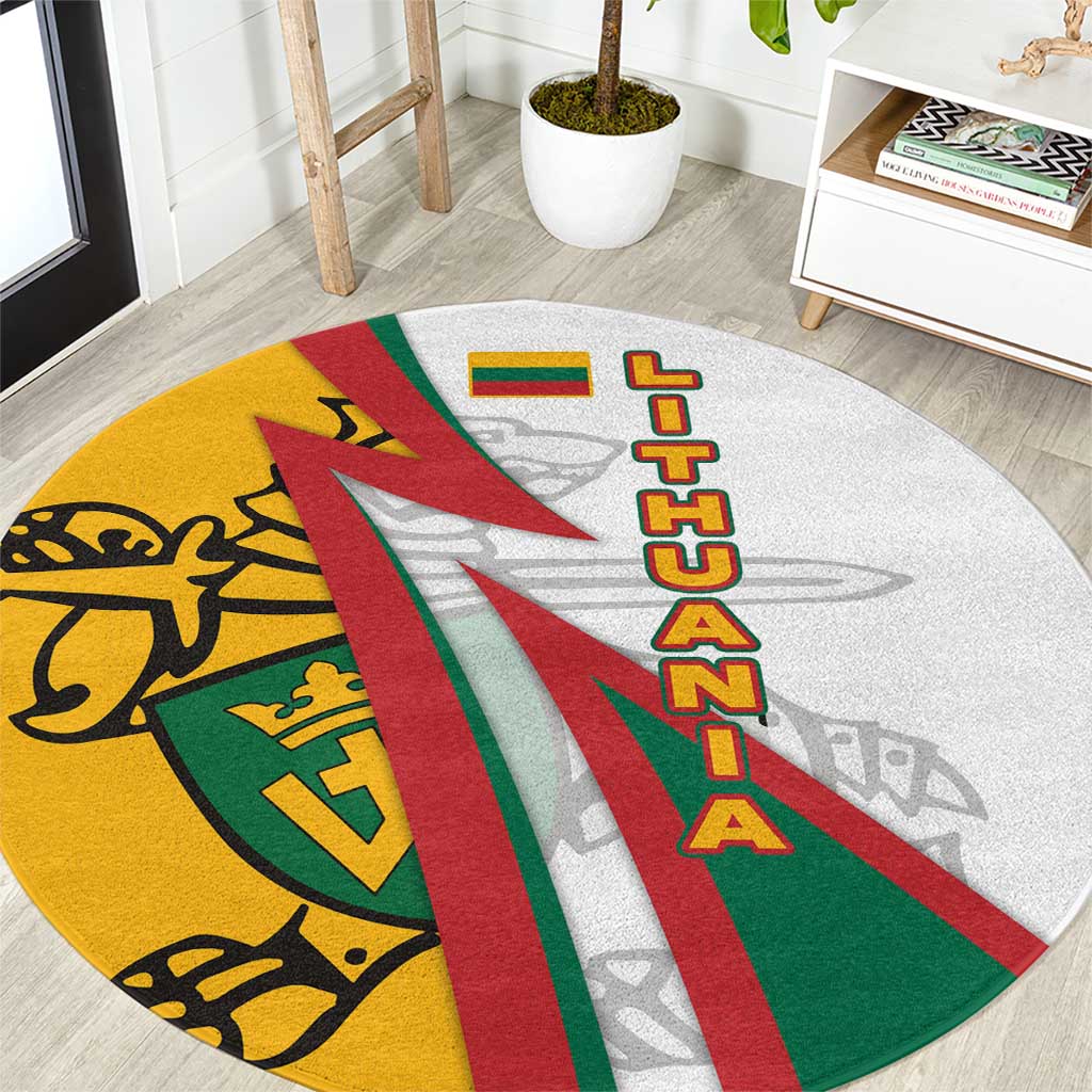 Lithuania Flag Colors Round Carpet with Vytis Knight Design and Bold Lightning Motif - Wonder Print Shop