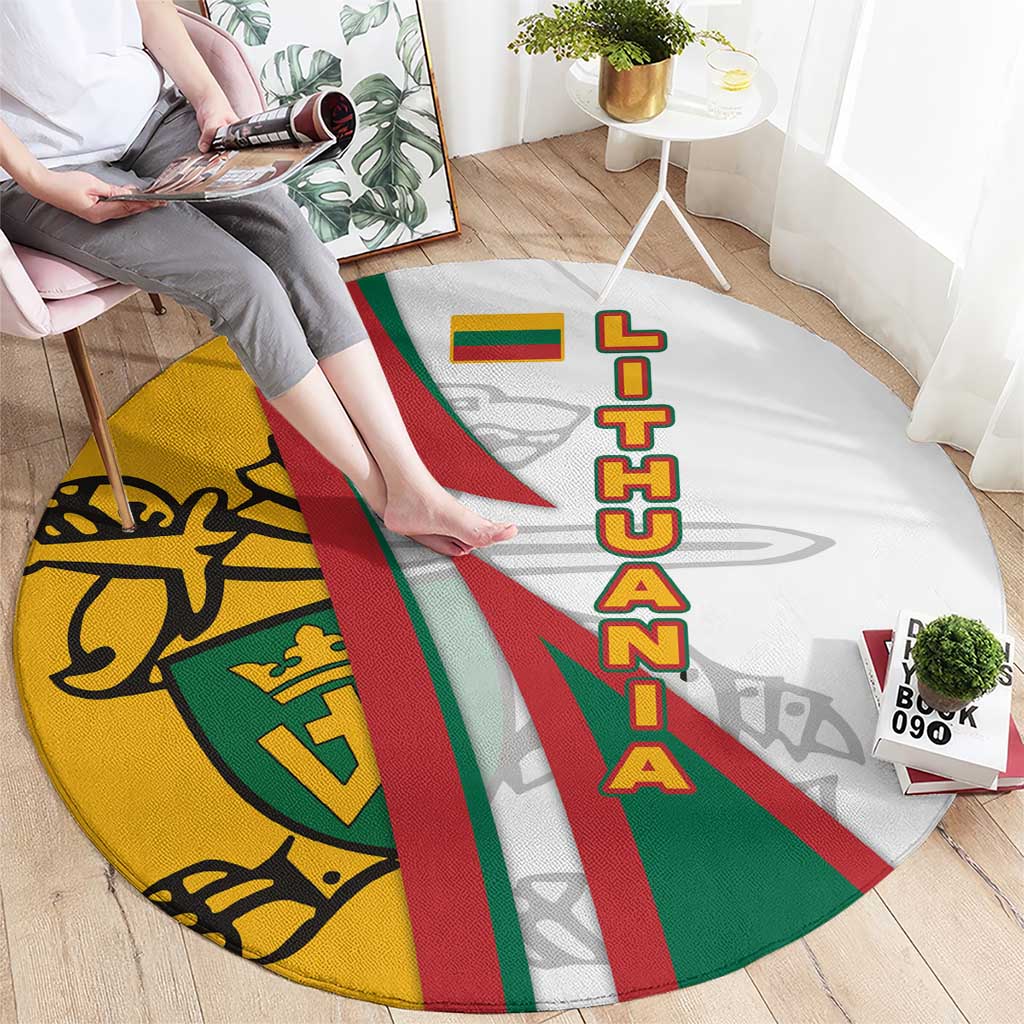 Lithuania Flag Colors Round Carpet with Vytis Knight Design and Bold Lightning Motif - Wonder Print Shop