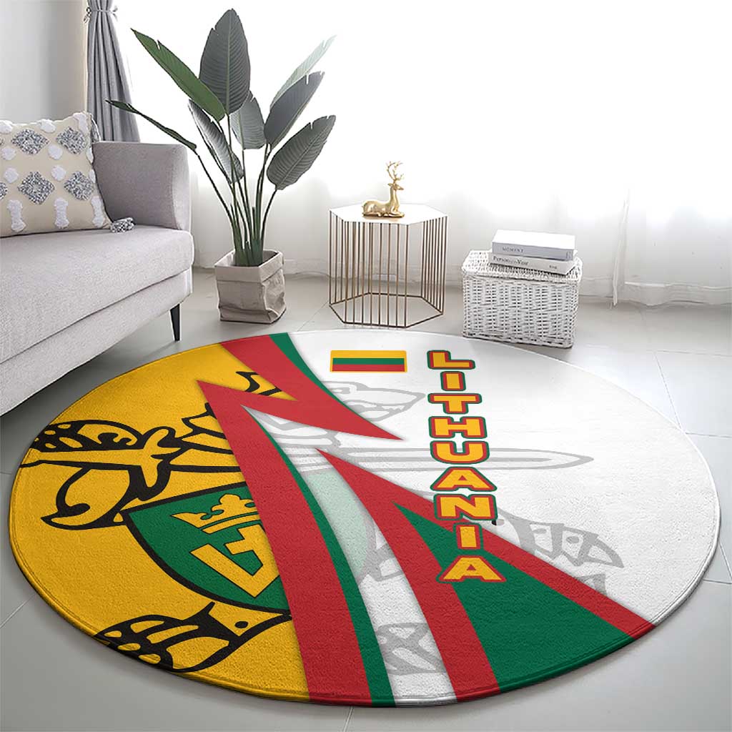 Lithuania Flag Colors Round Carpet with Vytis Knight Design and Bold Lightning Motif - Wonder Print Shop