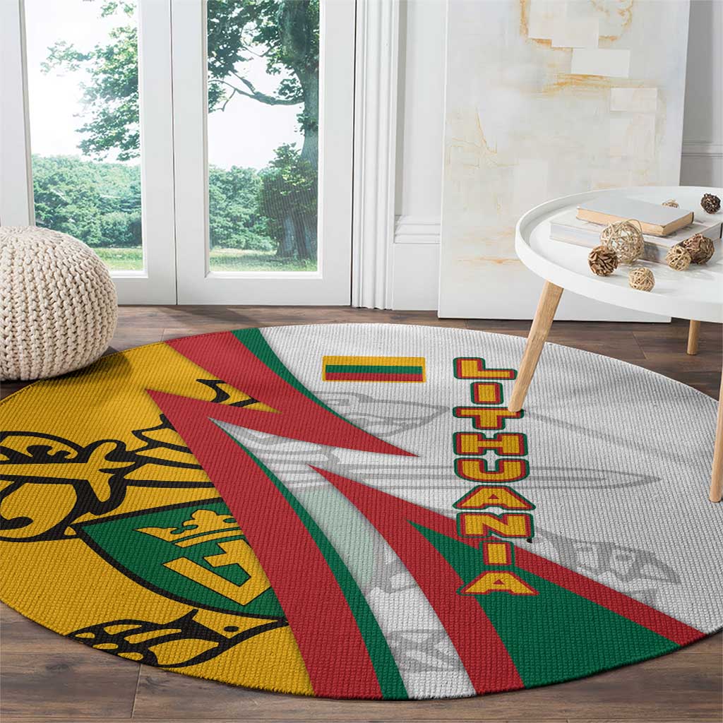 Lithuania Flag Colors Round Carpet with Vytis Knight Design and Bold Lightning Motif - Wonder Print Shop