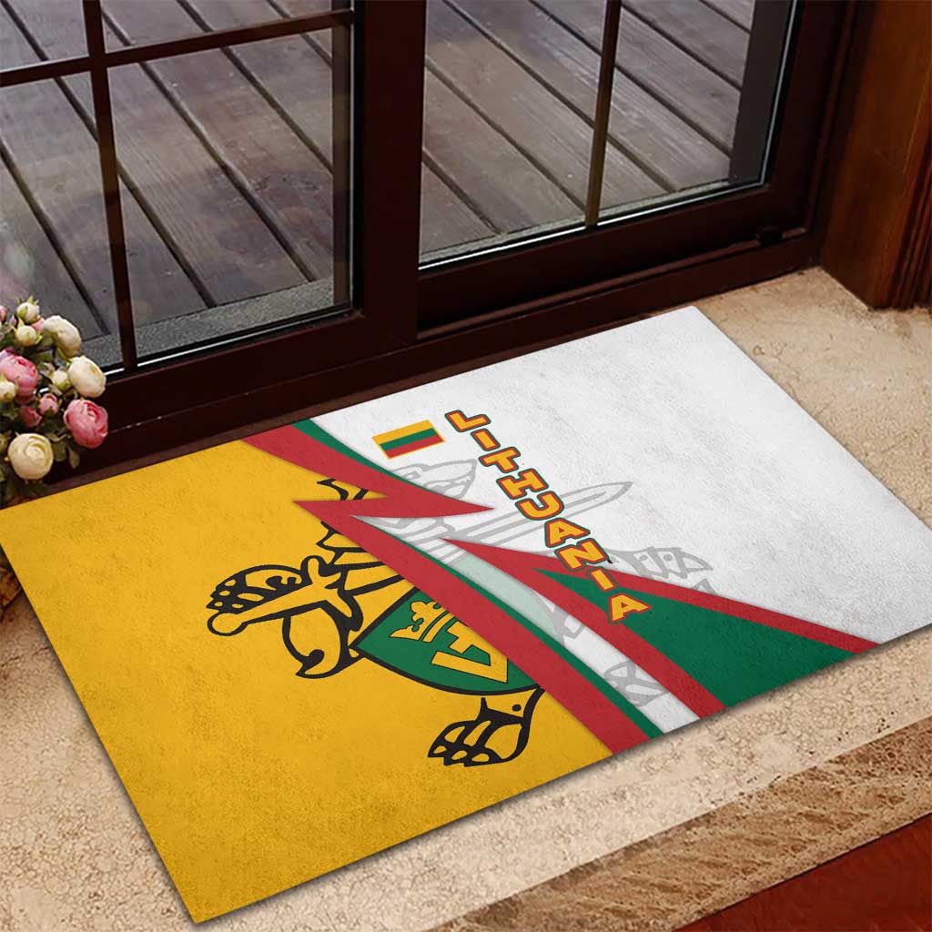 Lithuania Flag Colors Rubber Doormat with Vytis Knight Design and Bold Lightning Motif - Wonder Print Shop