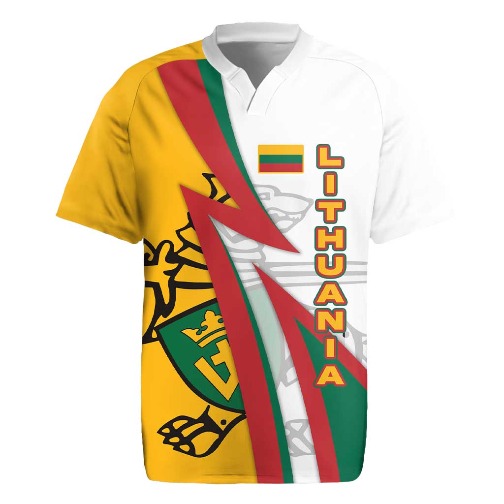 Lithuania Flag Colors Rugby Jersey with Vytis Knight Design and Bold Lightning Motif - Wonder Print Shop