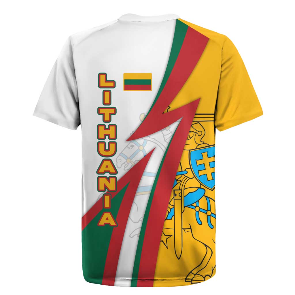 Lithuania Flag Colors Rugby Jersey with Vytis Knight Design and Bold Lightning Motif - Wonder Print Shop