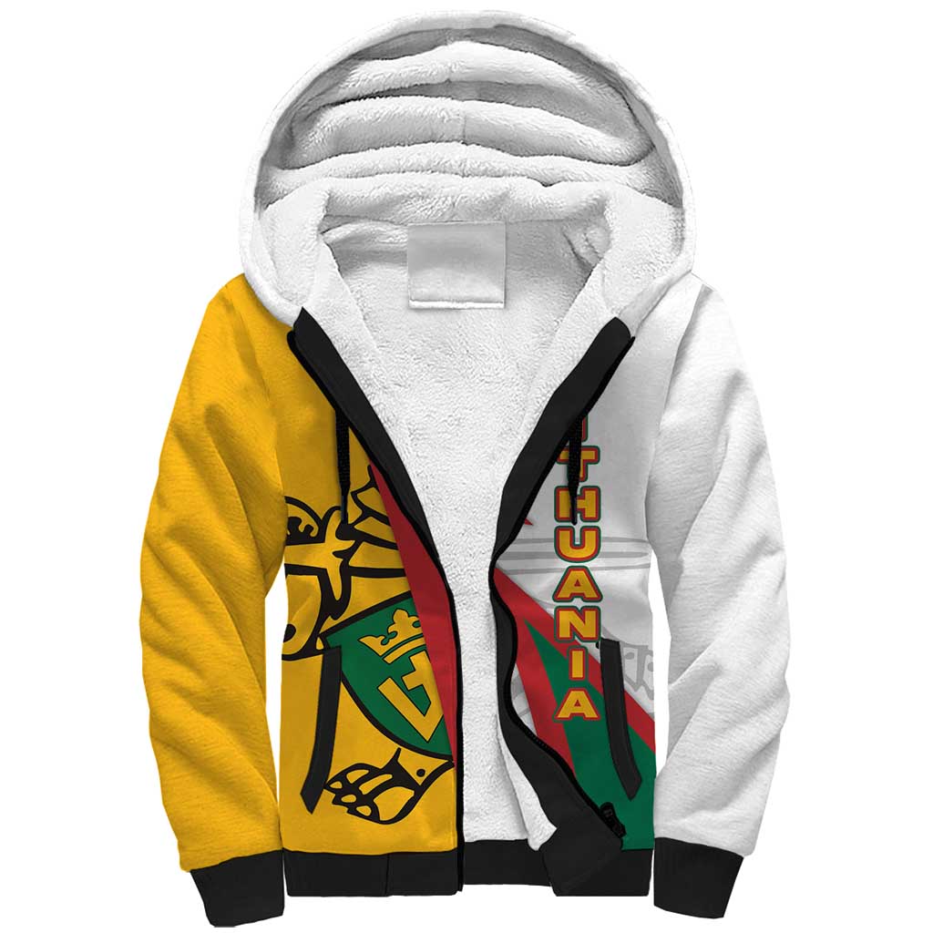 Lithuania Flag Colors Sherpa Hoodie with Vytis Knight Design and Bold Lightning Motif - Wonder Print Shop