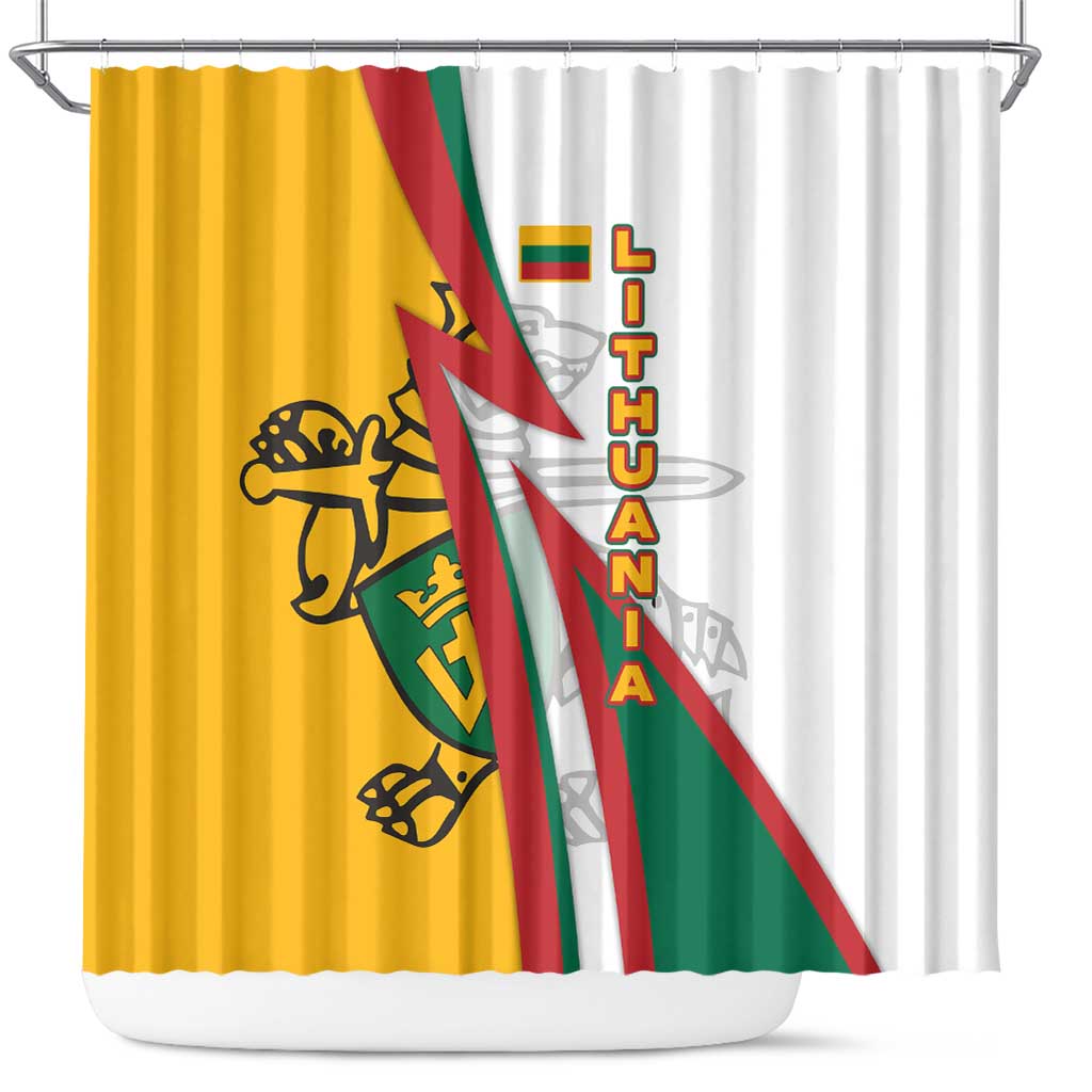 Lithuania Flag Colors Shower Curtain with Vytis Knight Design and Bold Lightning Motif - Wonder Print Shop