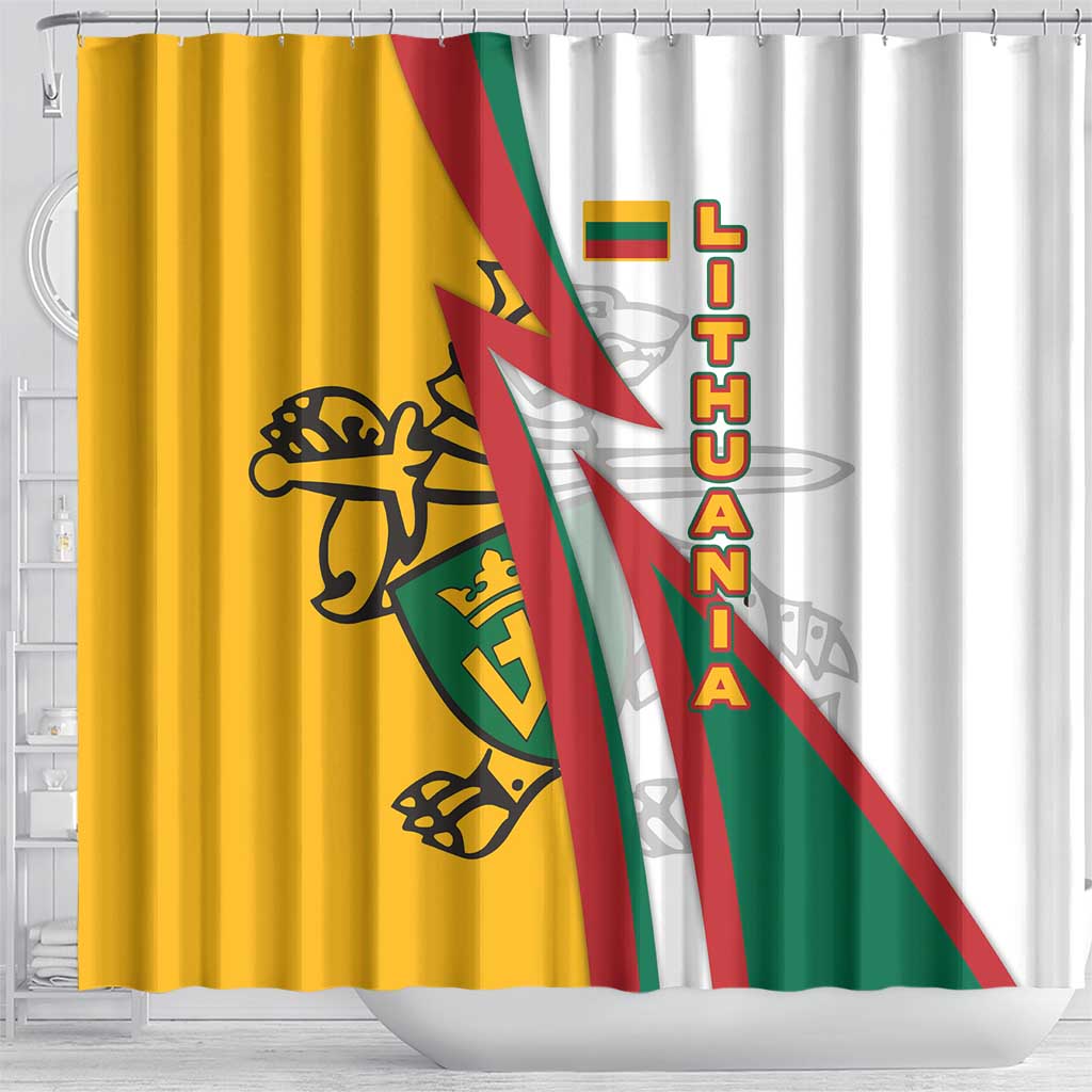 Lithuania Flag Colors Shower Curtain with Vytis Knight Design and Bold Lightning Motif - Wonder Print Shop