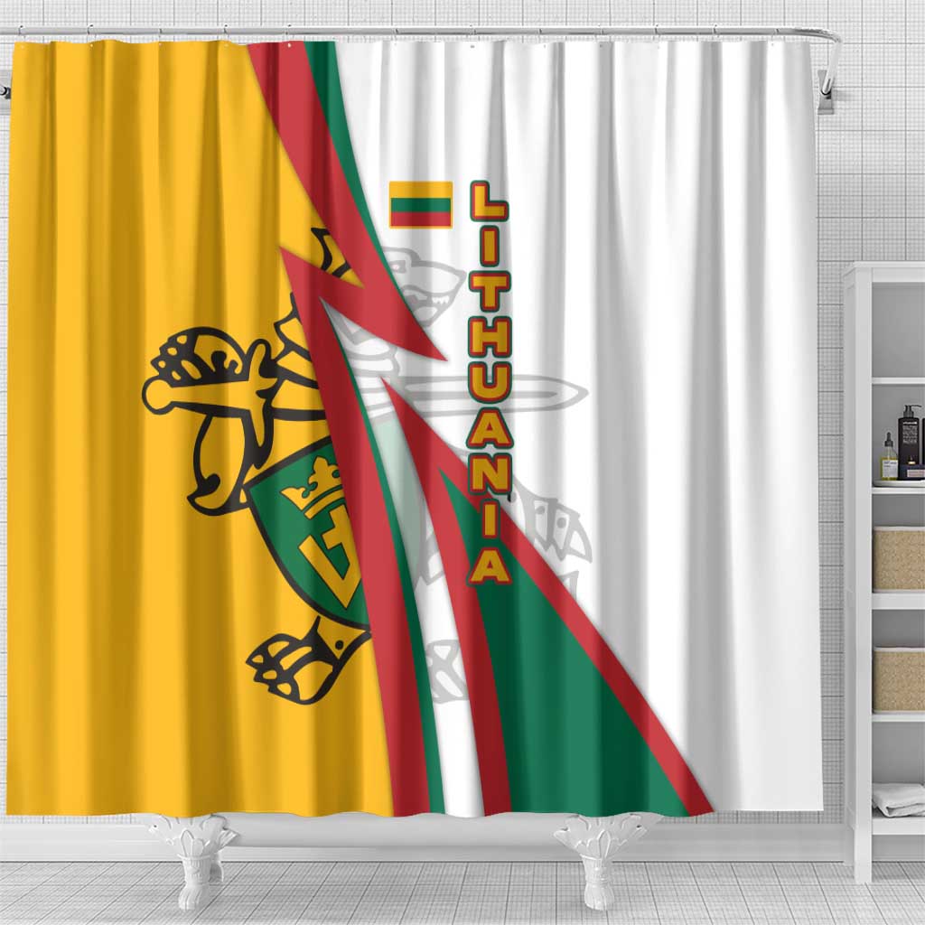 Lithuania Flag Colors Shower Curtain with Vytis Knight Design and Bold Lightning Motif - Wonder Print Shop