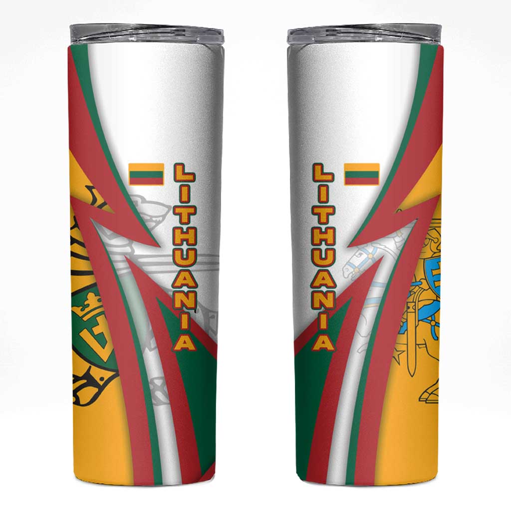 Lithuania Flag Colors Skinny Tumbler with Vytis Knight Design and Bold Lightning Motif - Wonder Print Shop