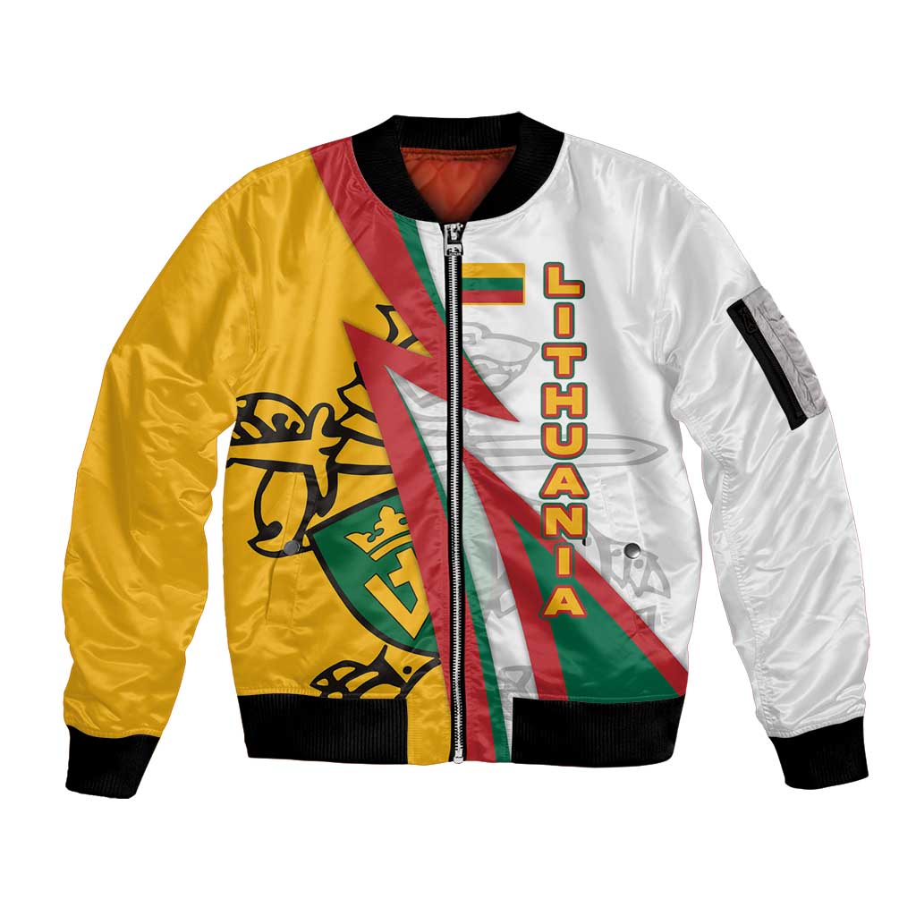 Lithuania Flag Colors Sleeve Zip Bomber Jacket with Vytis Knight Design and Bold Lightning Motif - Wonder Print Shop