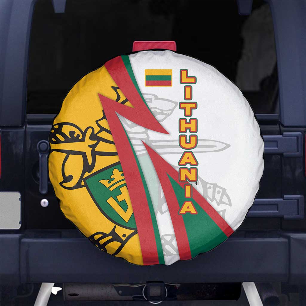 Lithuania Flag Colors Spare Tire Cover with Vytis Knight Design and Bold Lightning Motif - Wonder Print Shop