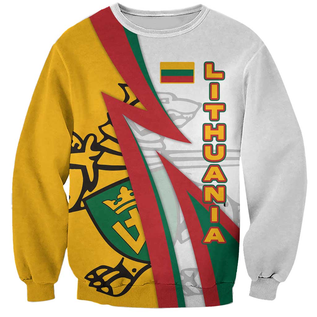 Lithuania Flag Colors Sweatshirt with Vytis Knight Design and Bold Lightning Motif - Wonder Print Shop