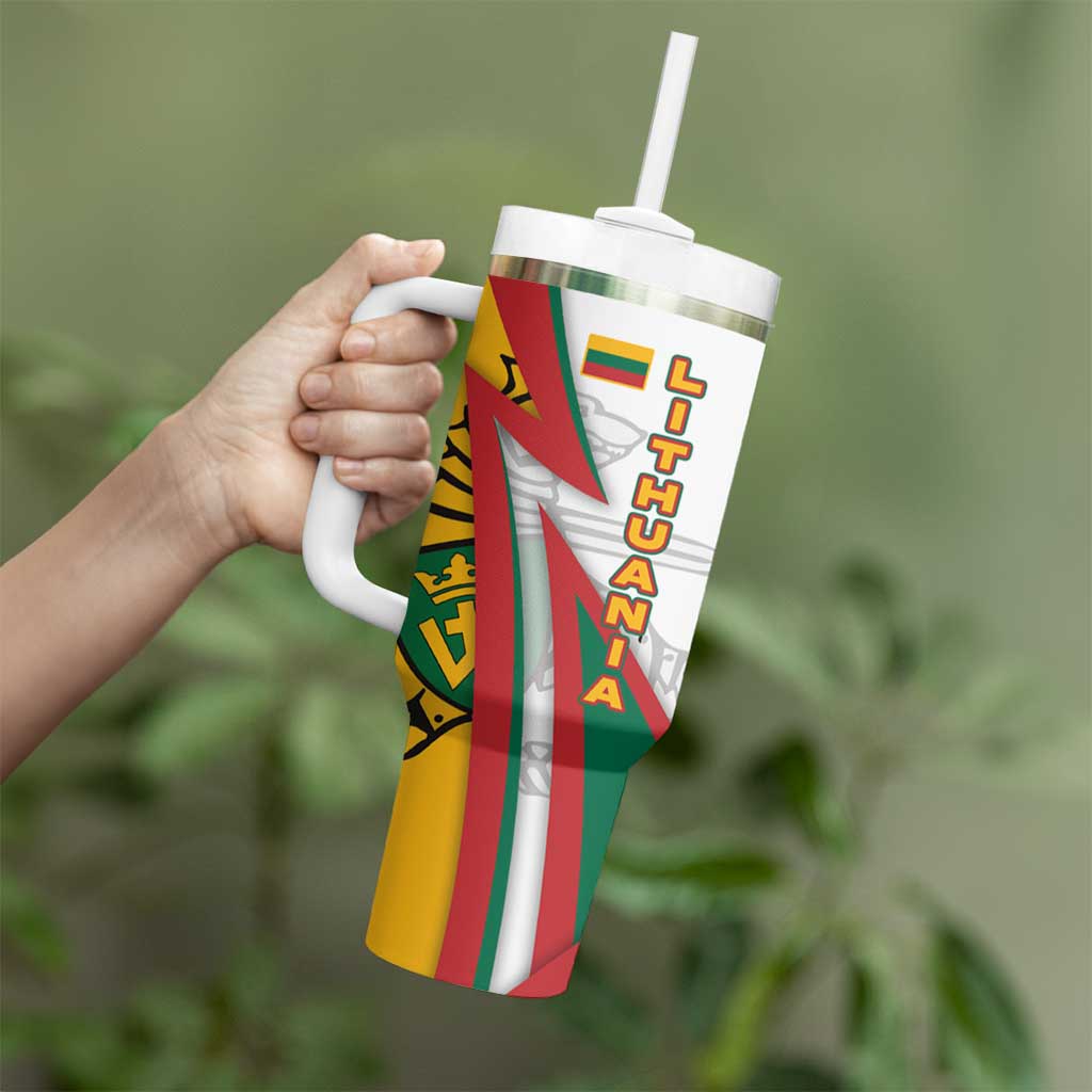 Lithuania Flag Colors Tumbler With Handle with Vytis Knight Design and Bold Lightning Motif - Wonder Print Shop