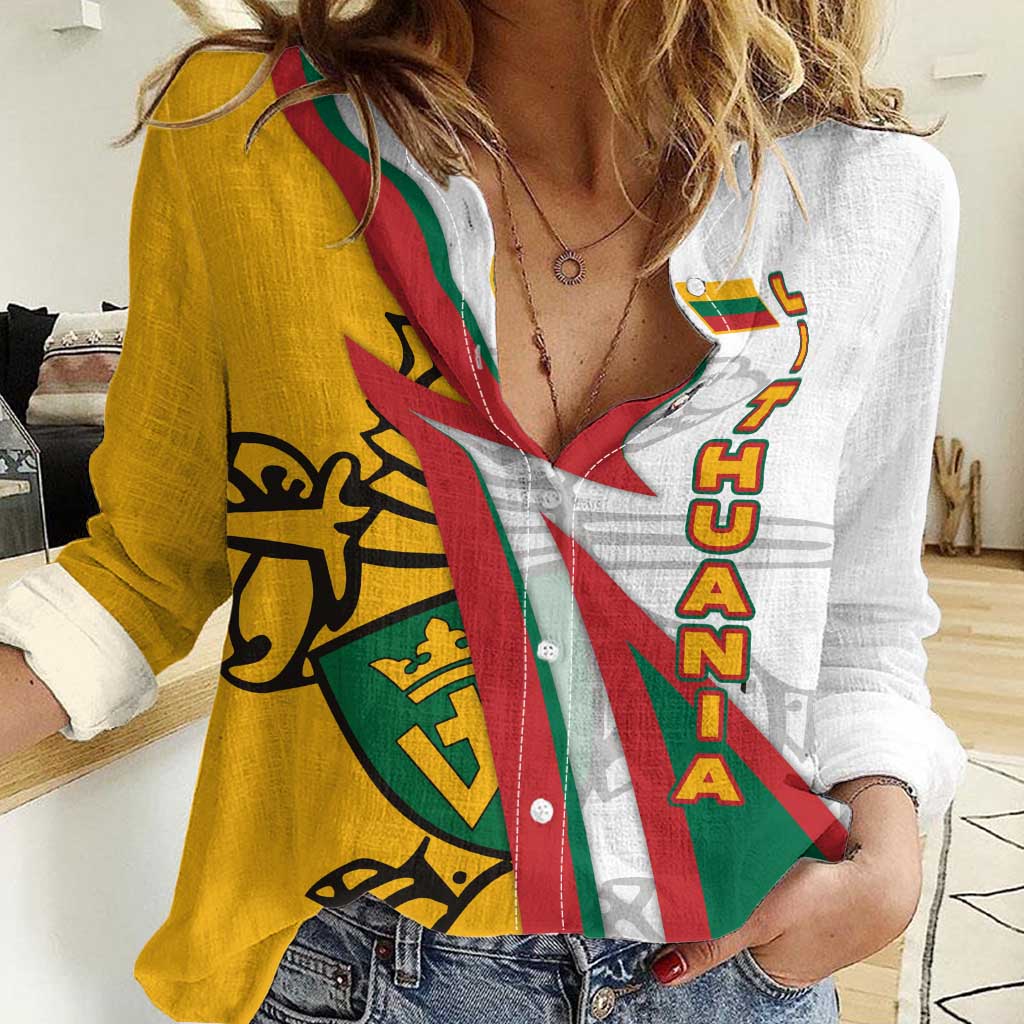 Lithuania Flag Colors Women Casual Shirt with Vytis Knight Design and Bold Lightning Motif - Wonder Print Shop