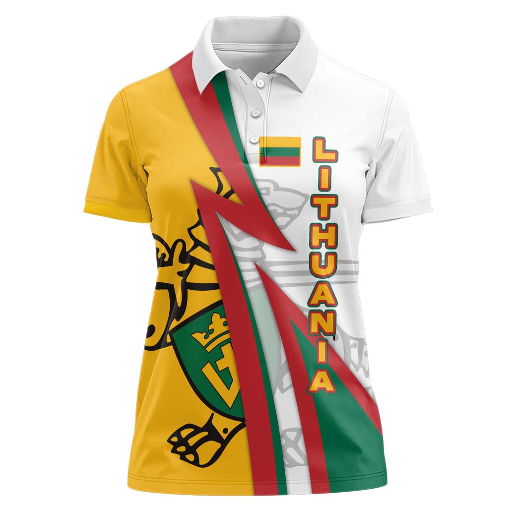 Lithuania Flag Colors Women Polo Shirt with Vytis Knight Design and Bold Lightning Motif - Wonder Print Shop